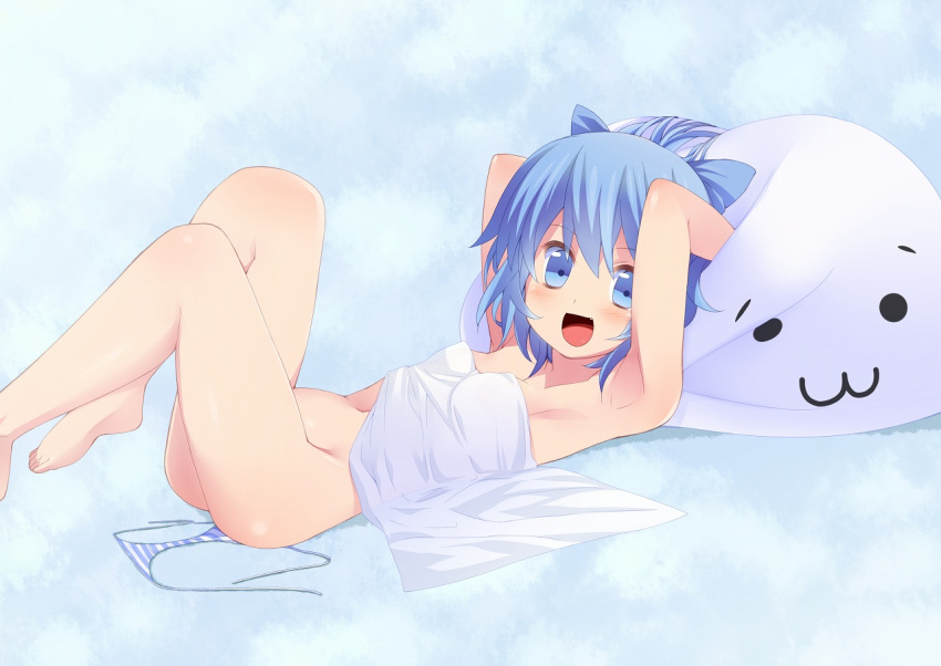 :3 armpits arms_up bare_legs barefoot blue_eyes blue_hair blush bow child cirno fang feet hair_bow legs legs_up looking_at_viewer lying naked_sheet nigou_(aozoragarou) nude on_back panties pillow short_hair smile solo striped striped_panties touhou underwear