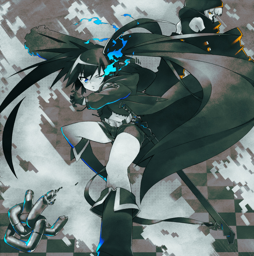 1girl 92 92kuni92 arm_cannon belt black_hair black_rock_shooter black_rock_shooter_(character) blue_eyes blue_fire boots chain chains checkered checkered_background fire grey_hair highres hoodie katana midriff multiple_girls navel pale_skin short_shorts shorts solo strength_(black_rock_shooter) sword twin_tail twintails weapon wink yellow_eyes
