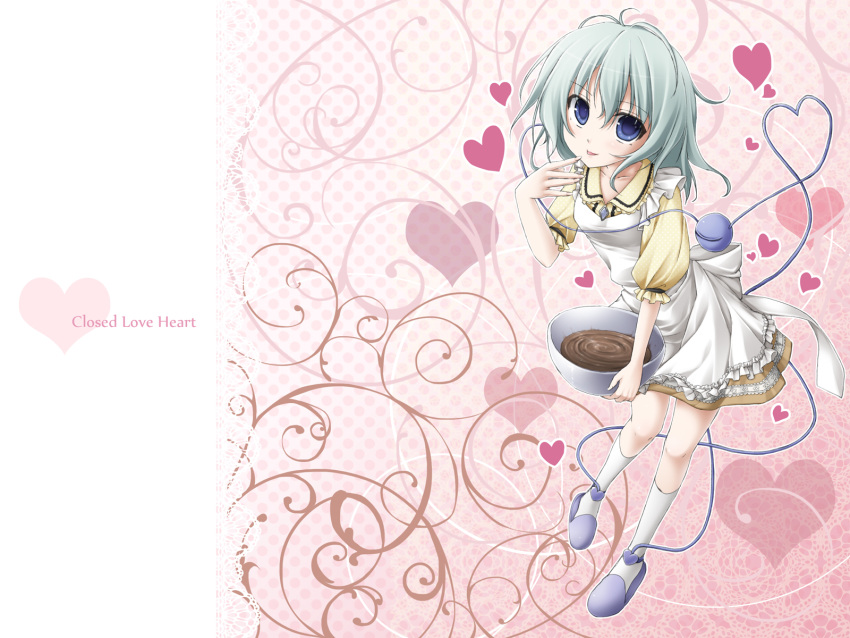 adapted_costume apron blue_eyes bow chocolate eyeball green_hair heart heart_of_string highres komeiji_koishi miyupon ribbon short_hair skirt slippers smile solo third_eye tongue touhou