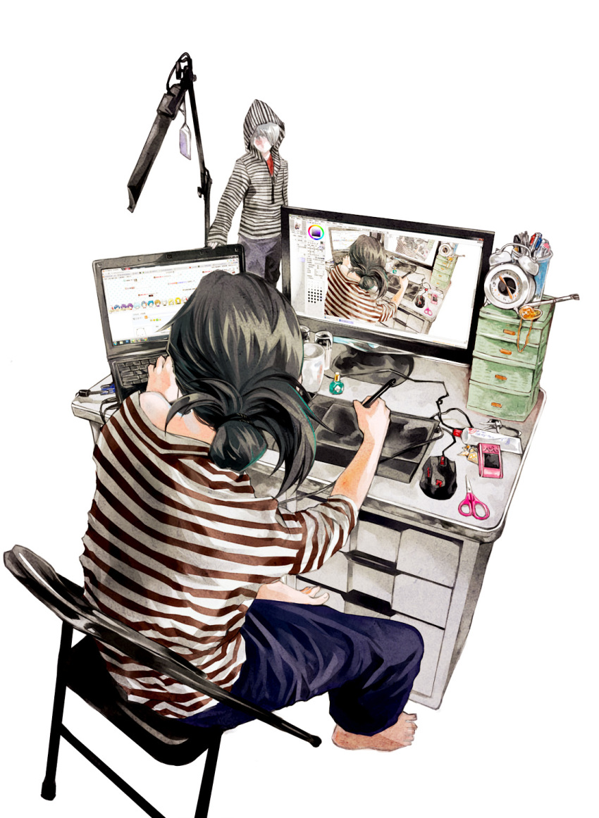 alarm_clock anyueh barefoot black_hair brush cellphone clock computer computer_mouse drawer drawing figure folding_chair from_behind highres hoodie laptop male monitor off_shoulder original pants pen phone recursion scissors shirt simple_background solo stationery striped striped_shirt table tied_hair white_background