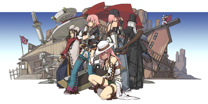 bellbottoms brown_hair building buster_sword cannon cowboy_hat denim desert fingerless_gloves fringe fuchida_kazuhiro gloves gun hat katana multiple_girls original pink_hair revolver robot scarf shorts sword thigh-highs thigh_band thigh_strap thighhighs top_hat weapon western whip white_hair zettai_ryouiki