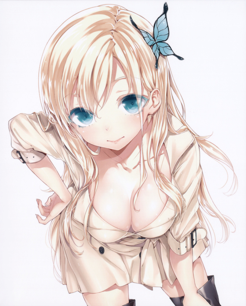absurdres aqua_eyes bent_over black_legwear blonde_hair boku_wa_tomodachi_ga_sukunai boots breasts buriki butterfly butterfly_hair_ornament cleavage colored_eyelashes hair_ornament hand_on_hip hands highres kashiwazaki_sena large_breasts leaning_forward lips long_hair looking_at_viewer no_bra official_art simple_background skirt smile solo thigh-highs thigh_boots thighhighs