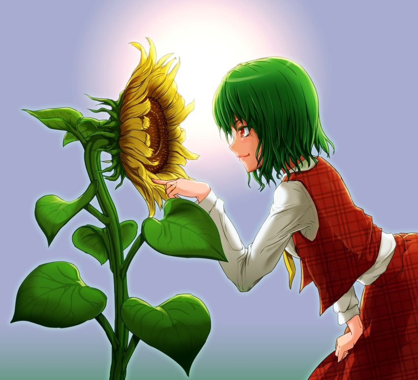 flower green_hair hand_on_thigh highres kazami_yuuka leaning_forward profile short_hair skirt skirt_set smile sunflower touhou youkai