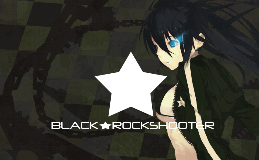 bikini black_hair black_rock_shooter black_rock_shooter_(character) blue_eyes chain chains glowing glowing_eyes highres jacket ppopar scar stitches swimsuit twintails