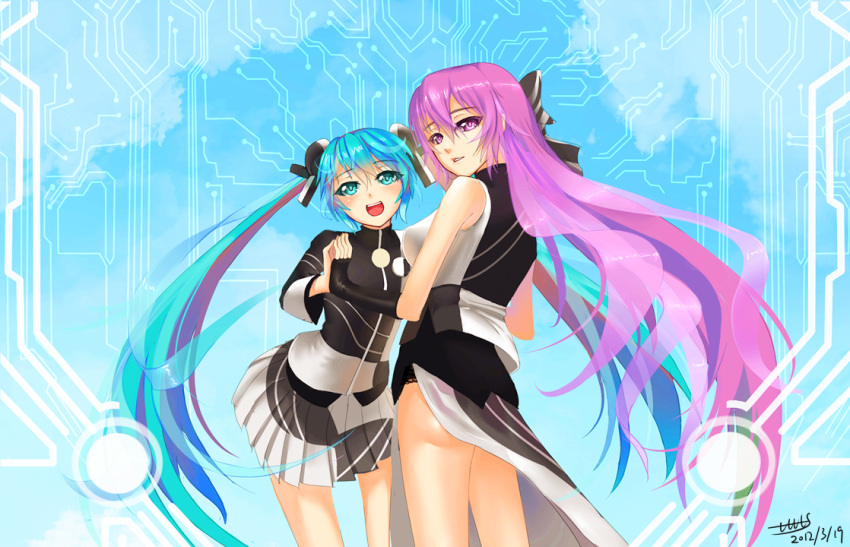 :d black_gloves blue_eyes blue_hair bow double_bun fingerless_gloves gloves hair_bow hatsune_miku long_hair megurine_luka multiple_girls open_mouth pink_eyes pink_hair project_diva project_diva_extend skirt smile tianlluo twintails ura-omote_lovers_(vocaloid) very_long_hair vocaloid