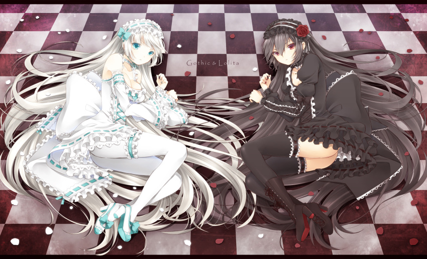 aqua_eyes black_hair black_legwear boots bow breasts checkered checkered_floor cleavage cross-laced_footwear dress flower frills garters gothic_lolita hair_ribbon hattori_(junoct2000) high_heels highres letterboxed lolita_fashion long_hair looking_at_viewer lying multiple_girls on_side original pantyhose petals red_eyes ribbon rose shoes thighhighs very_long_hair white_hair white_legwear