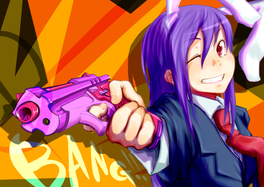 absurdres animal_ears bunny_ears bust cublove english foreshortening grin gun highres lavender_hair long_hair multiple_ears necktie pistol purple_hair red_eyes reisen_udongein_inaba smile solo touhou weapon wink