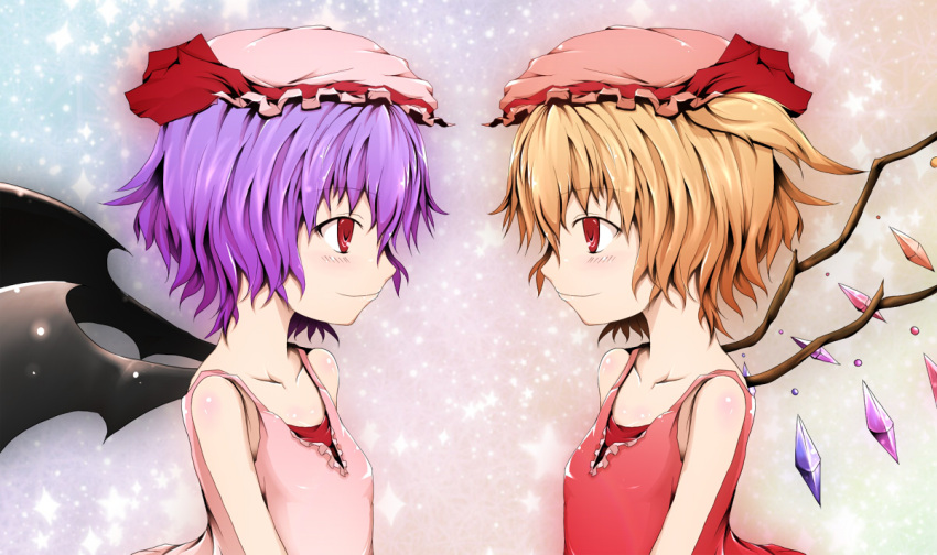 blonde_hair blush eye_contact flandre_scarlet flat_chest hat kotaka looking_at_another multiple_girls purple_hair red_eyes remilia_scarlet siblings sisters smile symmetry touhou wings