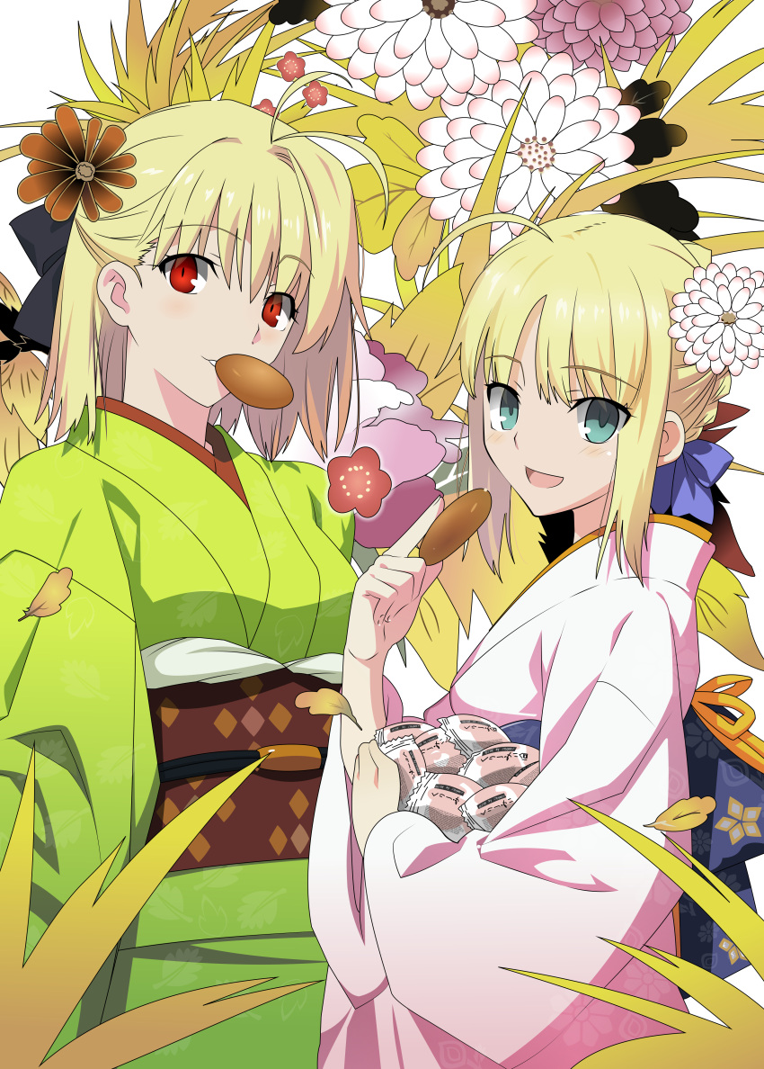 absurdres ahoge antenna_hair arcueid_brunestud artist_request blonde_hair company_connection fate/stay_night fate_(series) flower food green_eyes hair_flower hair_ornament highres japanese_clothes kimono mouth_hold multiple_girls obi red_eyes saber short_hair straywolf transparent_background tsukihime type-moon vector_trace
