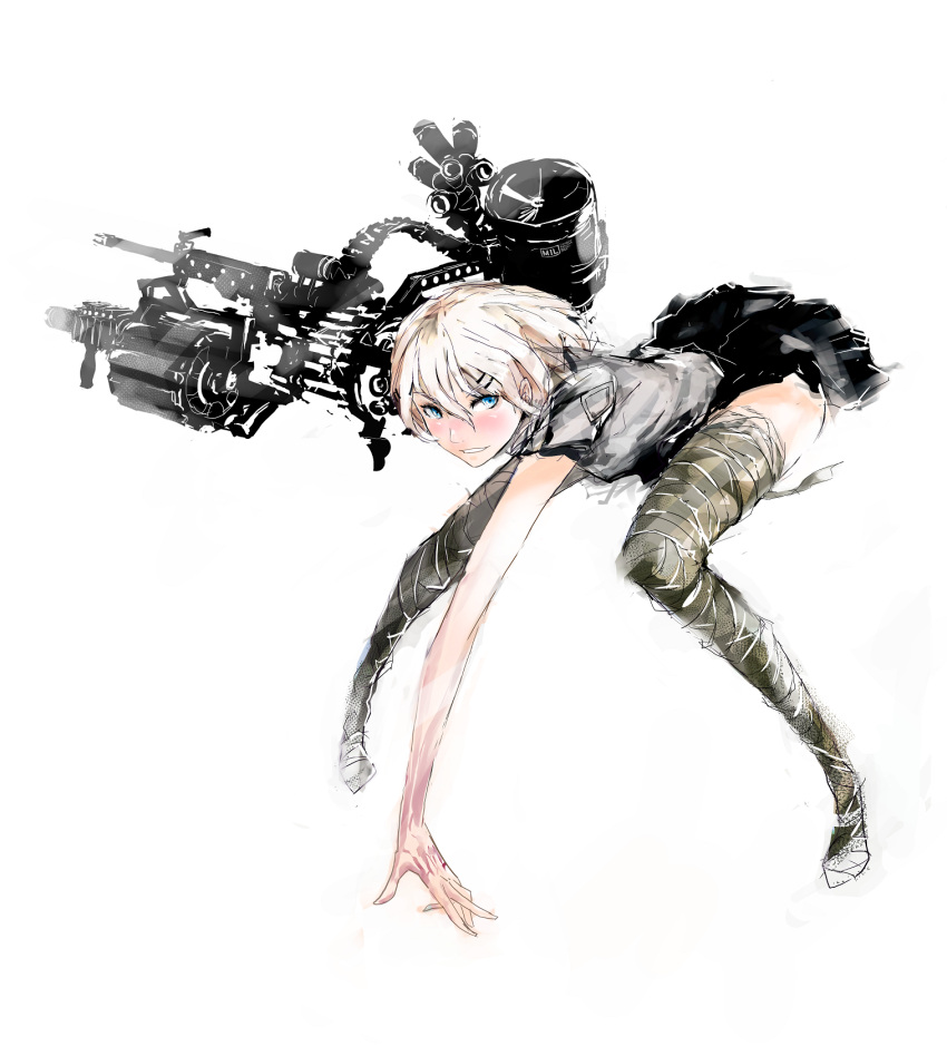 android arm_cannon bent_over blonde_hair blue_eyes gun highres jittsu original short_hair simple_background sketch skirt smile solo thigh-highs thighhighs weapon