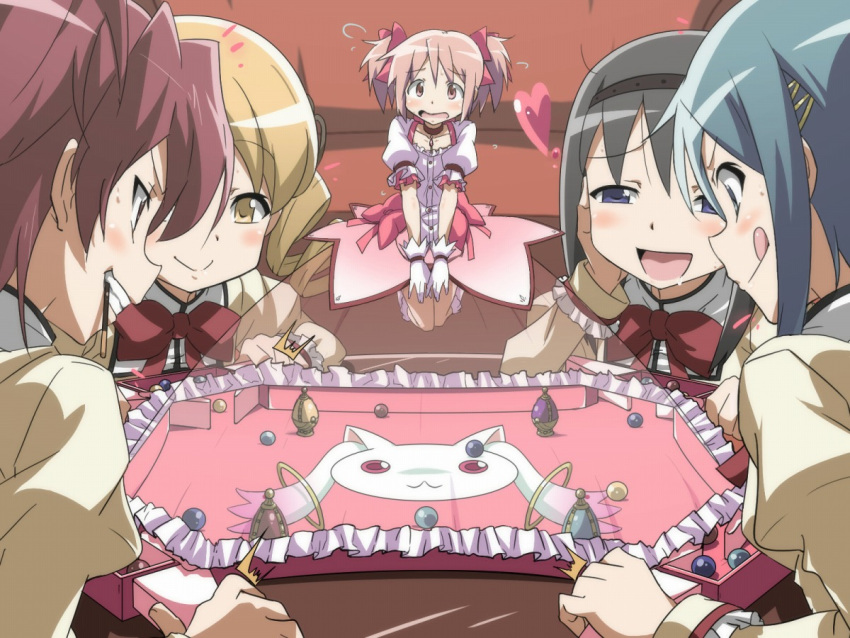 akemi_homura bad_id battle_dome black_hair blonde_hair blue_hair blush drill_hair drooling everyone kaname_madoka kiryu_manzoku kyubey long_hair magical_girl mahou_shoujo_madoka_magica marble miki_sayaka minigirl multiple_girls pink_eyes pink_hair playing_games pocky purple_eyes red_hair redhead sakura_kyouko school_uniform short_hair soul_gem tomoe_mami tongue tongue_out twin_drills violet_eyes what yellow_eyes