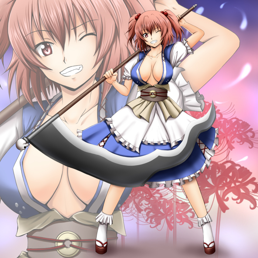 breasts flower fuuma_nagi grin hair_bobbles hair_ornament highres hitodama large_breasts no_bra onozuka_komachi red_eyes red_hair redhead sandals short_twintails skirt smile solo spider_lily touhou twintails two_side_up zoom_layer