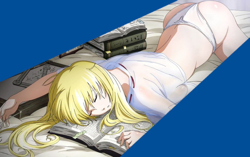 artist_request ass bed_sheet blonde_hair book break_blade breasts closed_eyes highres long_hair lying no_pants on_stomach open_book panties screencap see-through sideboob sigyn_erster sleeping stitched underwear white_panties
