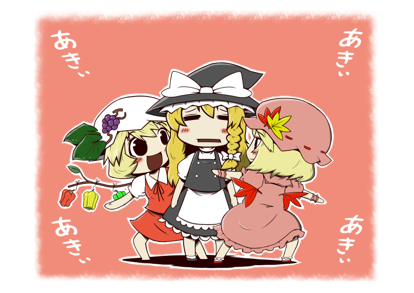 :d =_= absurdres aki_minoriko aki_shizuha apron blonde_hair blush_stickers bow braid branch buttons chibi closed_eyes cosplay dress eyes_closed flandre_scarlet flandre_scarlet_(cosplay) food frills from_behind fruit grapes hair_bow hat highres kirisame_marisa leaf long_hair multiple_girls open_mouth peppers remilia_scarlet remilia_scarlet_(cosplay) skirt smile touhou translated translation_request waist_apron wings witch witch_hat zannen_na_hito