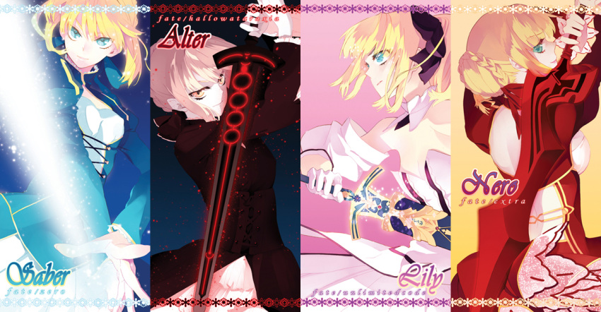 4girls aestus_estus ahoge armor armored_dress artoria_pendragon_(all) avalon_(fate/stay_night) back bare_shoulders blonde_hair blue_eyes bow breasts caliburn character_name column_lineup dark_excalibur detached_sleeves dress epaulettes excalibur fate/extra fate/grand_order fate/hollow_ataraxia fate/stay_night fate/unlimited_codes fate_(series) from_behind gauntlets glowing glowing_weapon gothic_lolita hair_bow hair_ribbon invisible_air lolita_fashion looking_back multiple_girls multiple_persona nero_claudius_(fate)_(all) ponytail puffy_sleeves ribbon rozer saber saber_alter saber_extra saber_lily sheath sword title_drop unsheathing weapon yellow_eyes
