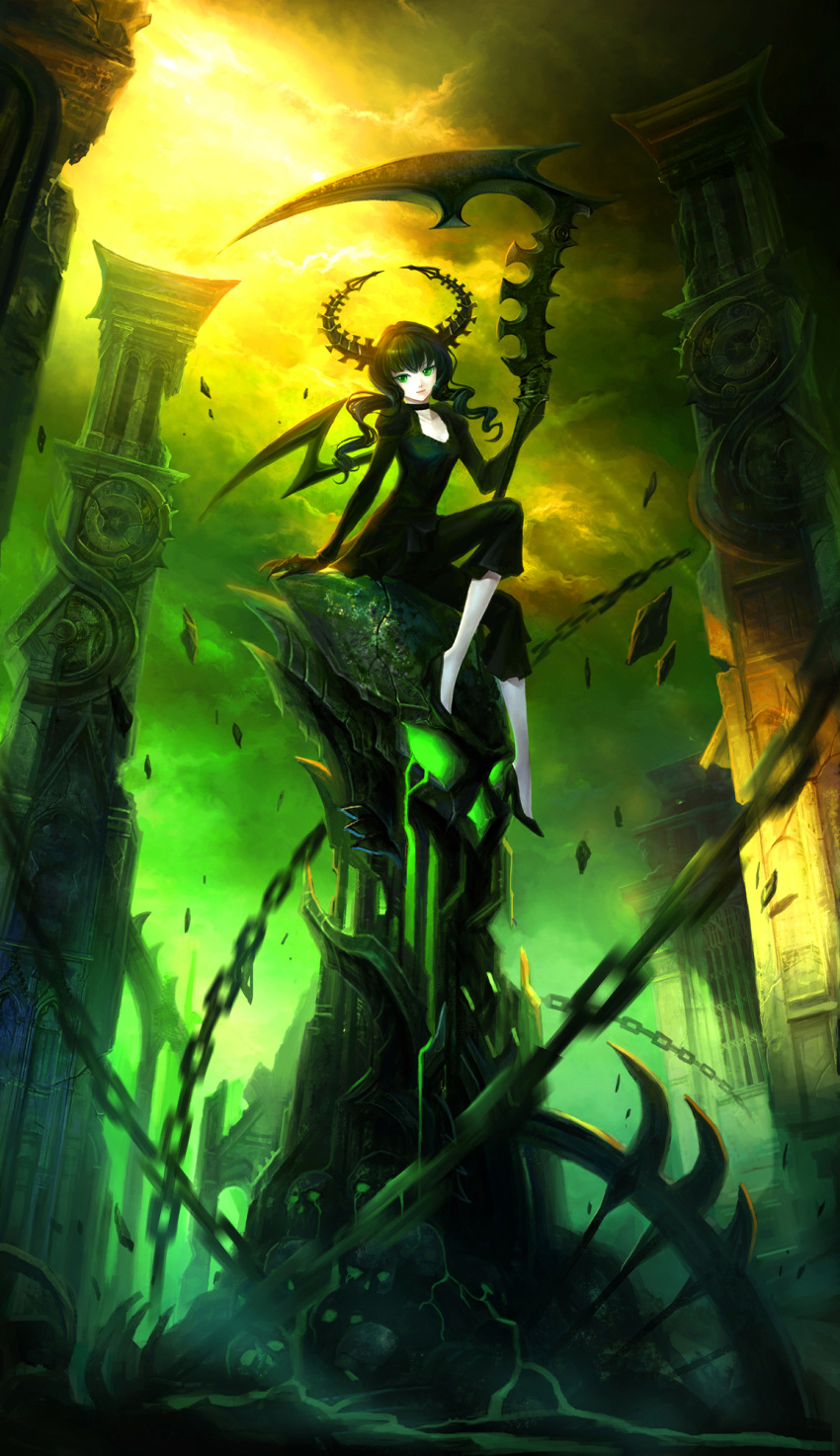 bad_id black_hair black_rock_shooter chain chains choker claws cloud dead_master green_eyes high_heels highres horns pcw ruins scythe shoes skull solo twintails weapon wings