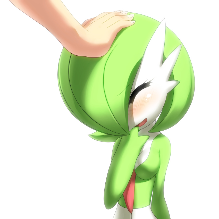 blush breasts cleavage closed_eyes gardevoir green_hair hand_on_head hand_to_mouth highres nme pokemon pokemon_(creature) pokemon_(game) pokemon_rse smile solo