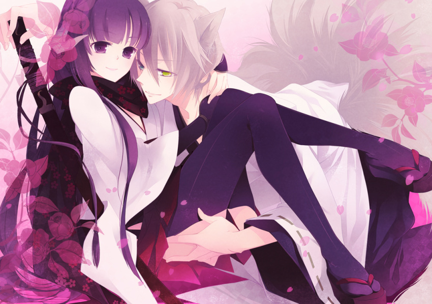 1girl animal_ears arm_guard arm_guards black_legwear couple fox_ears geta heterochromia horns inu_x_boku_ss japanese_clothes long_hair miketsukami_soushi miko purple_eyes purple_hair scarf shirakiin_ririchiyo short_hair smile thigh-highs thighhighs tokiwa-hazy violet_eyes weapon white_hair