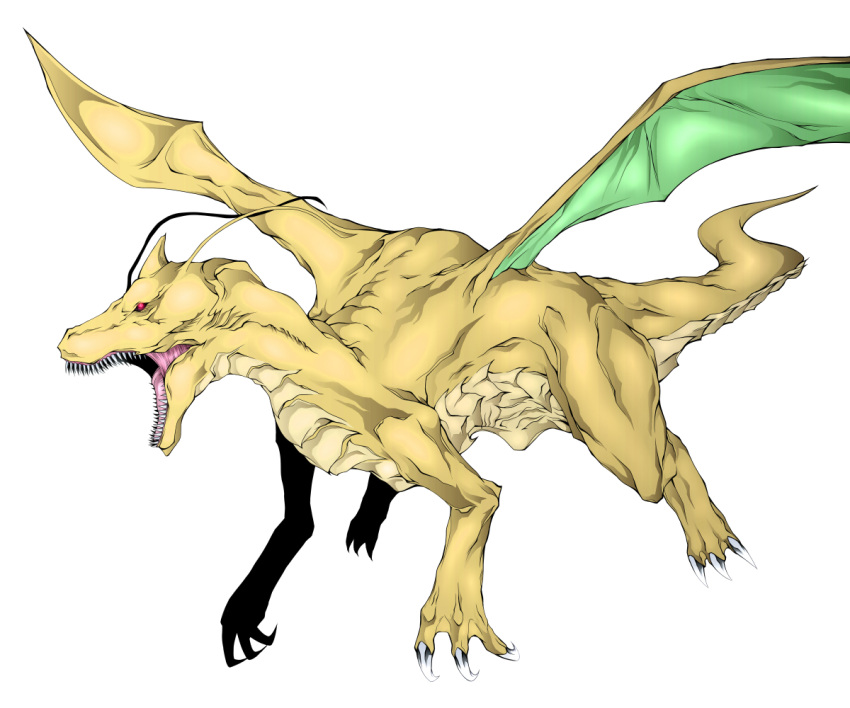 antennae claws daive dragon dragonite fangs horn no_humans open_mouth pokemon realistic red_eyes solo tail wings
