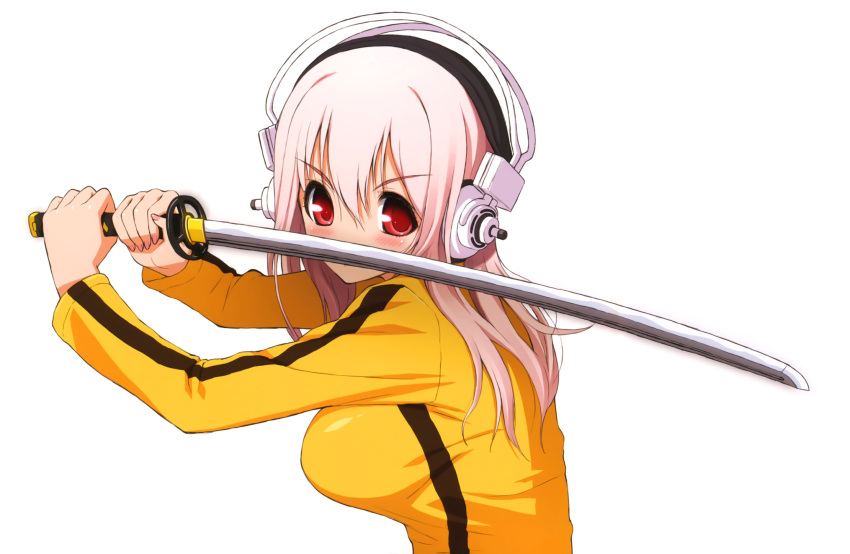 cosplay headphones katana kill_bill nitroplus pink_hair super_soniko sword tsuji_santa weapon white yellow
