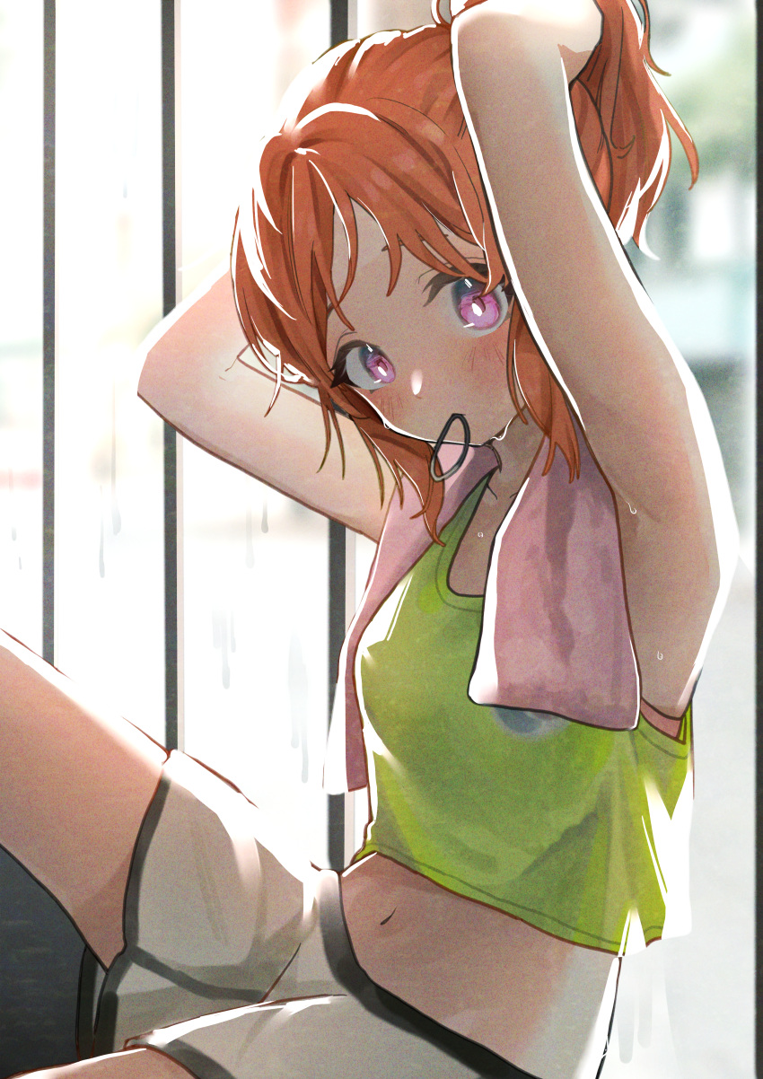 1girl abe_nana absurdres arms_behind_head arms_up backlighting bangs bare_arms blurry blurry_background blush closed_mouth commentary_request cowboy_shot crop_top day green_tank_top hair_tie_in_mouth highres huge_filesize idolmaster idolmaster_cinderella_girls indoors knee_up looking_at_viewer midriff mouth_hold navel ningen_mame on_floor orange_hair pink_eyes pink_towel ponytail shiny shiny_hair short_hair short_shorts shorts sidelocks sitting solo stomach sunlight sweat tank_top towel towel_around_neck tying_hair white_shorts window