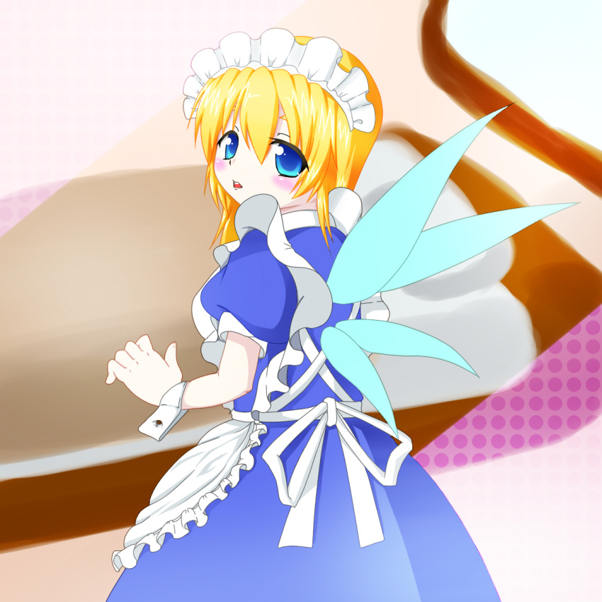 1girl apron arm_up blonde_hair blue_dress blue_eyes blush_stickers dress extra fairy_maid fairy_wings female from_behind highres long_hair looking_at_viewer looking_back maid maid_headdress mo-pa open_hand open_mouth pale_skin puffy_sleeves short_sleeves solo teeth touhou wings wrist_cuffs