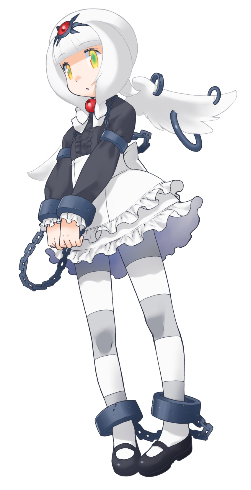 1girl :o absurdres angel_wings armlet bangs blunt_bangs bondage bow chain chains child cuffs dark_force frills gothic_lolita hair_ornament highres konami lolita_fashion long_sleeves looking_away mary_janes multicolored_eyes otomedius otomedius_excellent pantyhose pigeon-toed shackles shoes short_hair simple_background solo standing striped striped_legwear v_arms white_background white_hair wings yoshizaki_mine