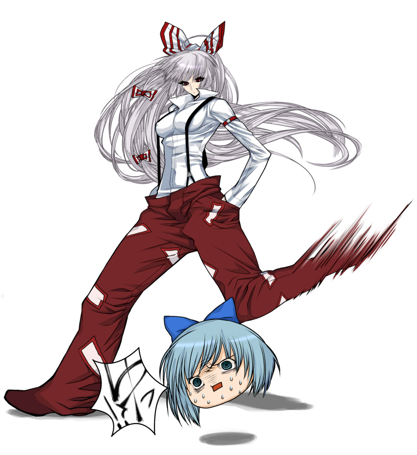 bow cirno fujiwara_no_mokou hair_bow hair_ribbon highres kicking lamiu long_hair motion_blur open_mouth red_eyes ribbon suspenders sweat touhou yukkuri_shiteitte_ne