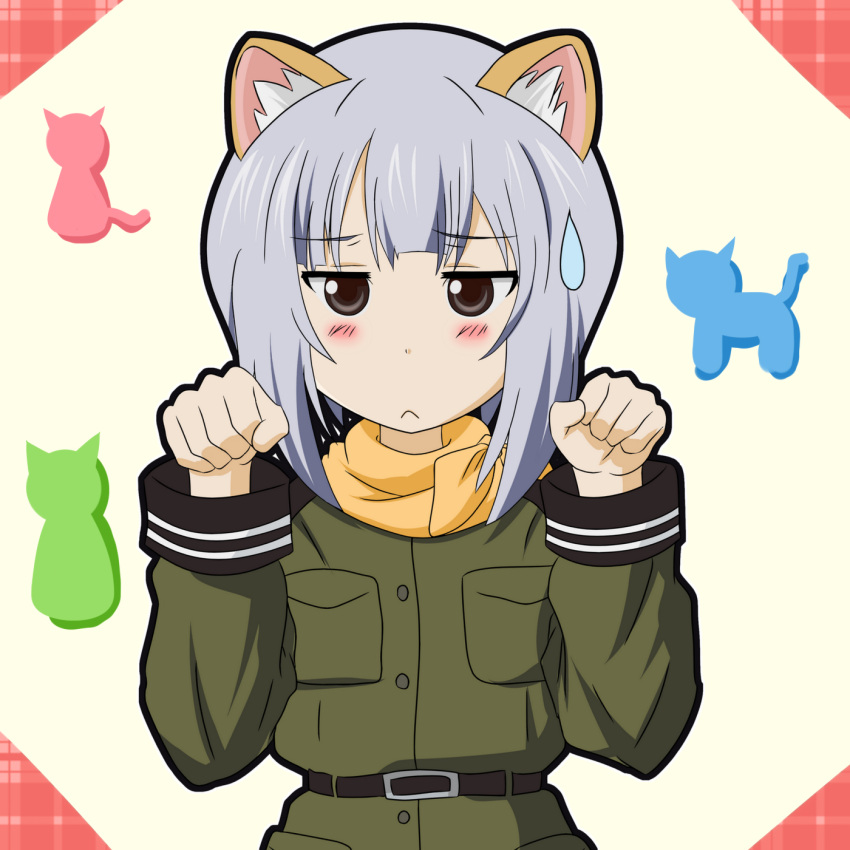 animal_ears blush cat_ears cat_pose highres kannagi_noel military military_uniform paw_pose solo sora_no_woto sweatdrop takumi_(rozen_garten) uniform