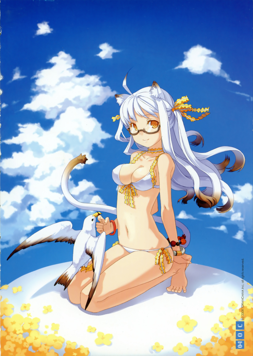 ahoge animal_ears barefoot bikini bird bird_on_leg bracelet breasts choker cleavage cloud clouds front-tie_top glasses h2so4 hair_ribbon highres jewelry kneeling legs long_hair multicolored_hair navel orange_eyes original ribbon side-tie_bikini sky solo swimsuit tail toes two-tone_hair white_bikini