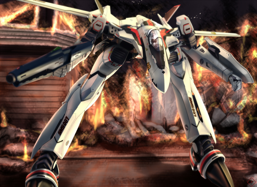 city fire gerwalk gun macross macross_frontier macross_frontier:_itsuwari_no_utahime macross_frontier:_the_false_diva mecha night raybar ruins s.m.s. shield vf-25 weapon