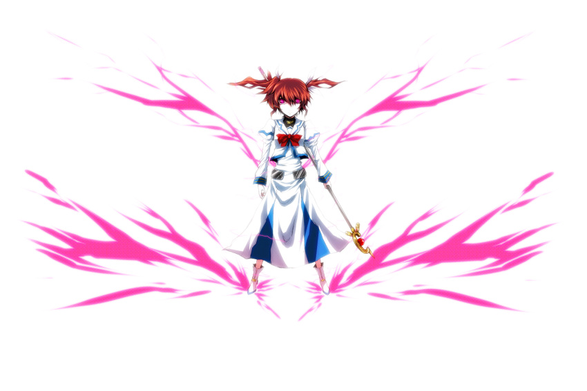 boots bow brown_hair epic hair_ribbon mahou_shoujo_lyrical_nanoha pizaya purple_eyes raising_heart ribbon s_tanly serious short_twintails takamachi_nanoha twintails violet_eyes white_devil