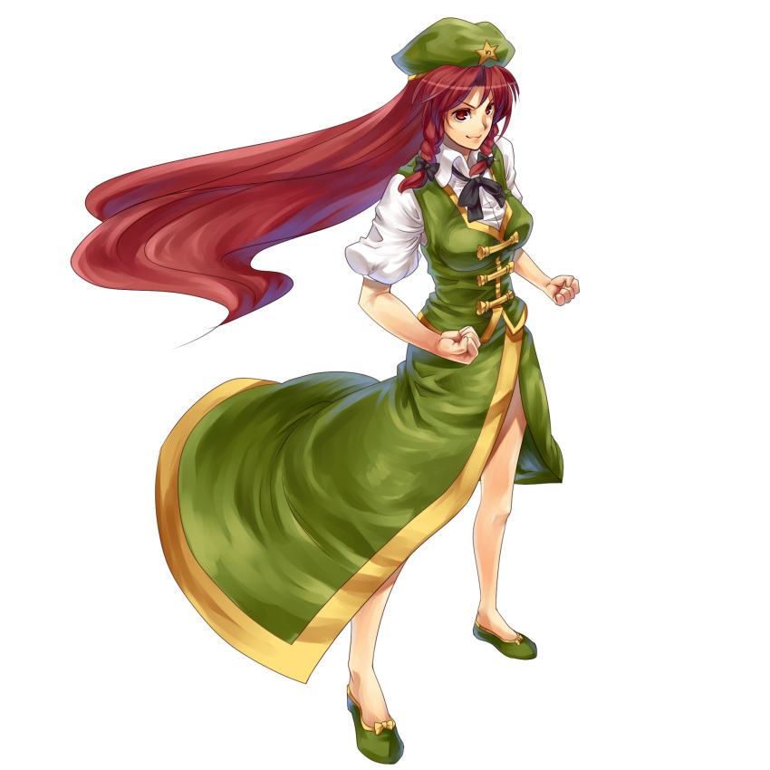 bow braid china_dress chinese_clothes clenched_hands hat highres hong_meiling long_hair red_eyes red_hair redhead side_slit standing sukocchi touhou transparent_background twin_braids