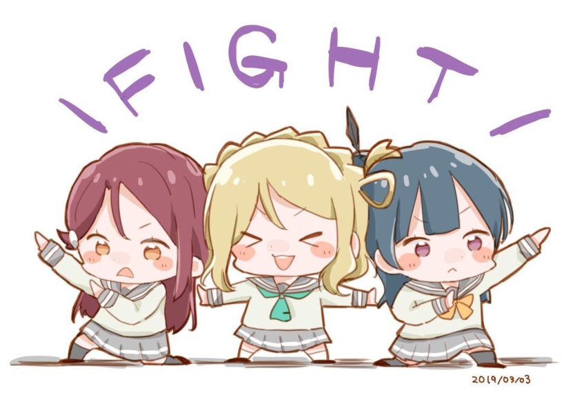 &gt;_&lt; 3girls :&lt; :d arm_up bangs black_feathers blue_hair blush_stickers bow bowtie braid chibi crown_braid d: dated english_text feathers green_neckwear grey_skirt guilty_kiss_(love_live!) hair_feathers hair_ornament hair_rings hairclip hamu_(hamusand) long_hair long_sleeves love_live! love_live!_sunshine!! miniskirt multiple_girls neckerchief ohara_mari one_knee open_mouth outstretched_arms pleated_skirt pose redhead sakurauchi_riko school_uniform serafuku skirt smile spread_arms standing tie_clip tsushima_yoshiko uranohoshi_school_uniform v-shaped_eyebrows white_background xd yellow_eyes yellow_neckwear