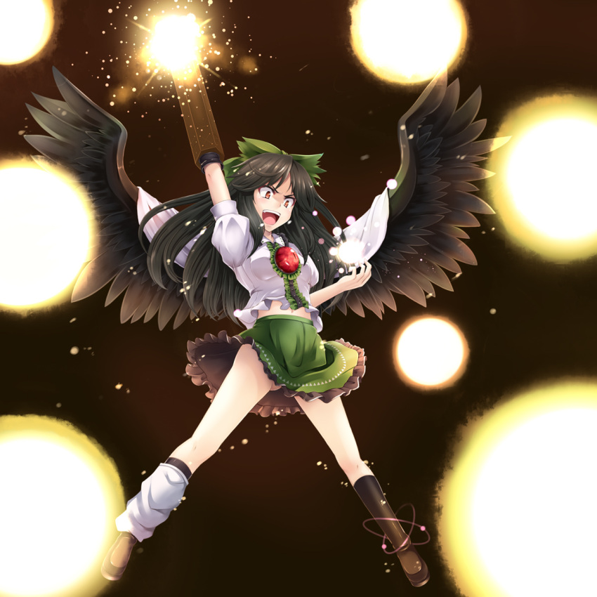 arm_cannon arm_up asu_hare black_hair black_legwear black_wings boots flying highres kneehighs leg_warmers long_hair navel reiuji_utsuho skirt solo touhou weapon wings