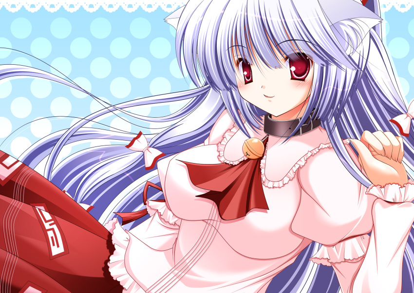 animal_ears bad_id bell blush bow breasts cat_ears collar fujiwara_no_mokou hair_bow highres hiyori-o large_breasts long_hair purple_hair red_eyes smile solo touhou