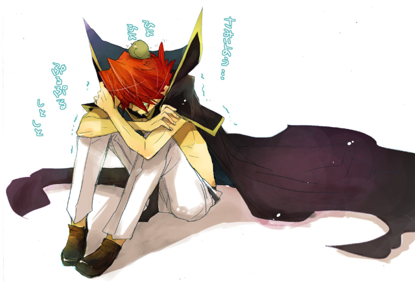 cape depressed male redhead sitting translation_request trembling umineko_no_naku_koro_ni ushiromiya_battler