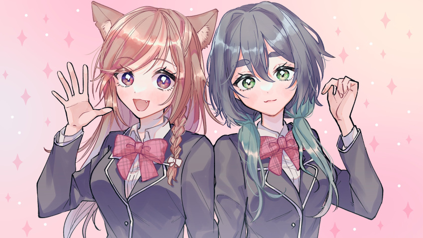 2girls :3 alternate_costume animal_ear_fluff animal_ears bangs black_jacket blazer bow collared_shirt commission eyebrows_visible_through_hair fang green_eyes hazumi_aileen head_tilt highres indie_virtual_youtuber jacket lion_ears lion_girl looking_at_viewer low_twintails multiple_girls open_hand open_mouth red_bow rn_(kicakabe) saki.exe school_uniform second-party_source shirt skeb_commission smile twintails upper_body violet_eyes virtual_youtuber waving white_shirt
