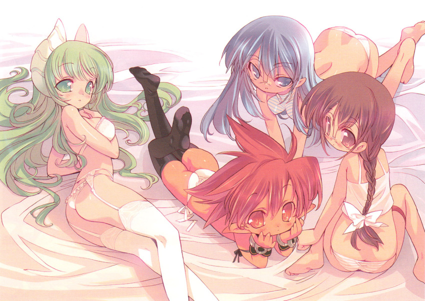 ass barefoot blade_(lovewn) blue_eyes blue_hair braid brown_eyes brown_hair falce feet garter_belt glasses green_eyes green_hair hasegawa_suzuho horns lingerie long_hair lying macademi_wasshoi magician's_academy multiple_girls official_art panties pointy_ears red_eyes red_hair redhead scan striped striped_panties tanarot thigh-highs thighhighs underwear