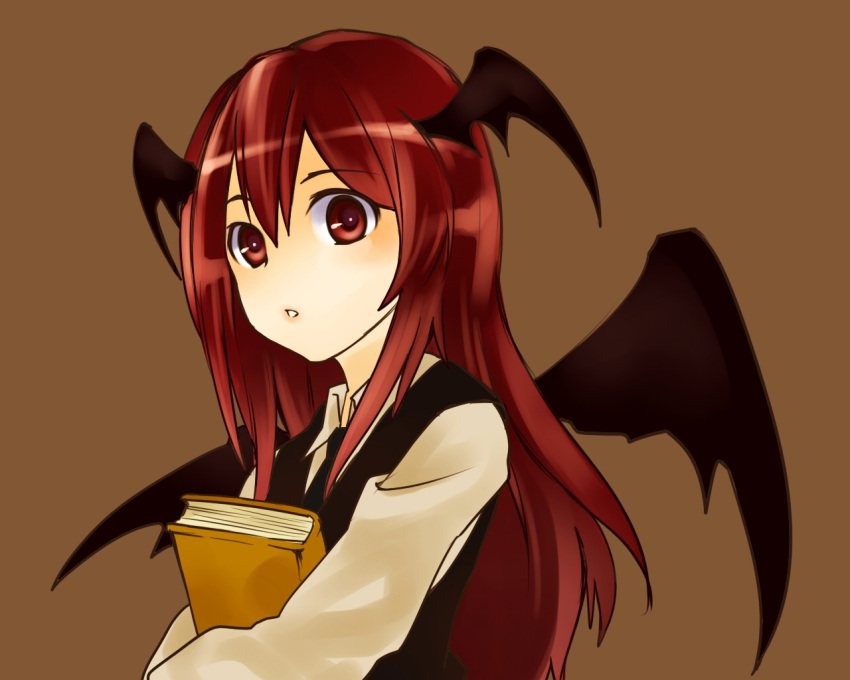 book dress_shirt head_wings headwings koakuma long_hair long_sleeves necktie red_eyes red_hair redhead seitaka shirt touhou wings