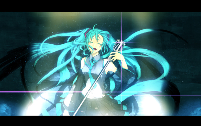 aqua_hair detached_sleeves hatsune_miku headphones headset katou_taira letterboxed long_hair necktie skirt solo thigh-highs thighhighs twintails very_long_hair vocaloid