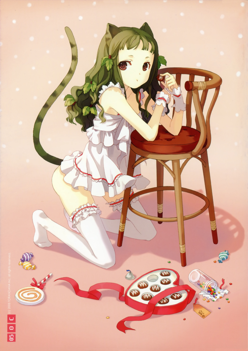 animal_ears bare_shoulders brown_hair candy cat_ears chair chocolate dress eating frilled_thighhighs frills garters h2so4 heart highres leaf legs lingerie long_hair nightgown original red_eyes skirt solo tail thigh-highs thighhighs underwear white_legwear white_thighhighs zettai_ryouiki