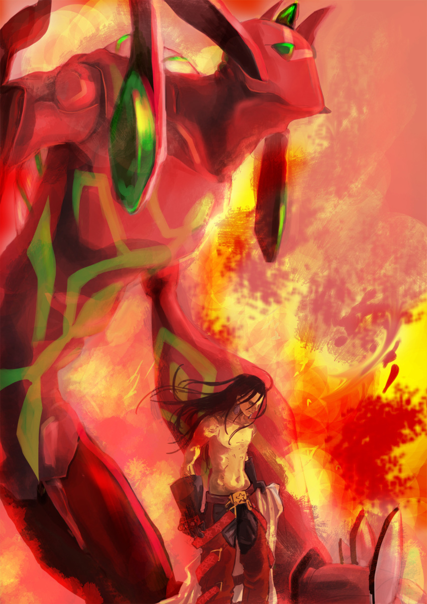 fire gloves highres long_hair male red shaman_king spirit_of_fire topless you_me4_14