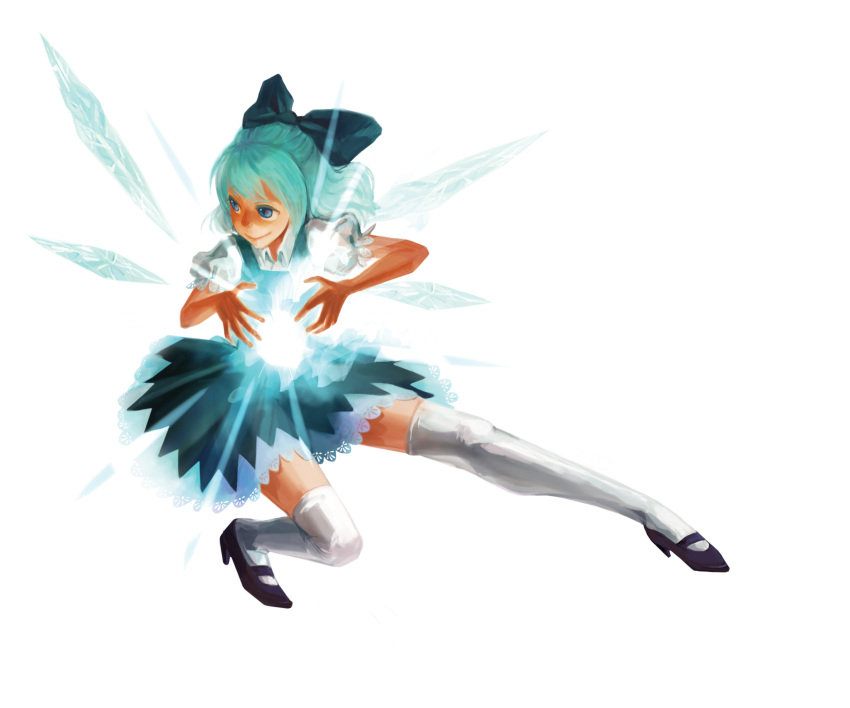 absurdres blue_eyes blue_hair bow cirno hair_bow highres mame_usagi short_hair solo thigh-highs thighhighs touhou transparent_background wings