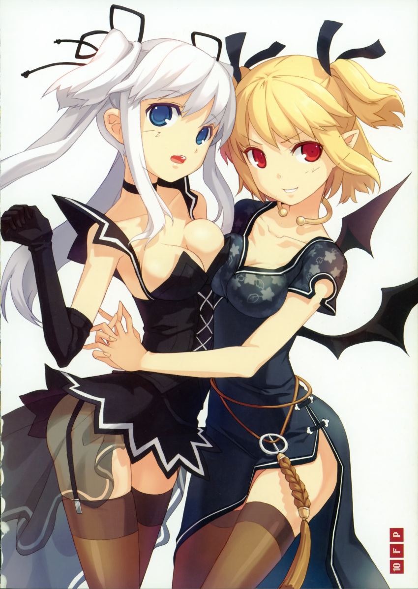 2girls absurdres bat_wings blonde_hair blue_eyes breast_press breasts china_dress chinese_clothes choker cleavage collarbone cosplay costume_switch demon_girl dress elbow_gloves elf evil_grin garter_belt garters gloves h2so4 hair_ribbon highres hug long_hair mabinogi multiple_girls nao open_mouth pointy_ears red_eyes ribbon side_slit silver_hair succubus succubus_(mabinogi) symmetrical_docking thighhighs twintails wings