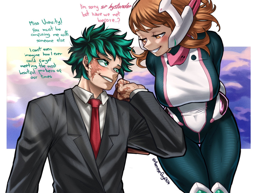 1boy 1girl artist_name boku_no_hero_academia english_text formal medium_hair midoriya_izuku scar scar_on_arm scar_on_face short_hair uraraka_ochako