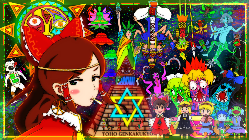 6+girls acid_trip alice_margatroid alison astronaut black_hair blonde_hair blue_hair bow brown_hair cigarette cirno colorful crescent_moon earrings eye_of_providence flandre_scarlet flower gradient_hair green_hair hair_tubes hakurei_reimu headband hexagram highres hijiri_byakuren houjuu_nue houraisan_kaguya jewelry kawashiro_nitori kirisame_marisa kochiya_sanae kokopelli lotus luna_child lunasa_prismriver lyrica_prismriver marijuana merlin_prismriver mickey_mouse miyako_yoshika moon multicolored_hair multiple_girls nazrin peace_symbol polearm psychedelic pyramid scythe silver_hair sky smoking spear star_(sky) star_of_david star_sapphire starry_sky statue_of_liberty statue_of_liberty_(cosplay) sun_(symbol) sunny_milk toramaru_shou touhou tree ufo weapon what