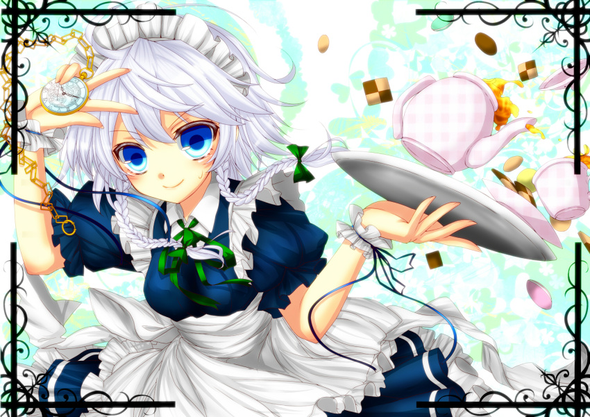 apron bi_jun blue_eyes colored cookie cup floating_object food izayoi_sakuya lavender_hair maid maid_headdress pocket_watch puffy_sleeves ribbon short_hair short_sleeves solo sweatdrop tablet teacup teapot touhou twintails v watch wrist_cuffs