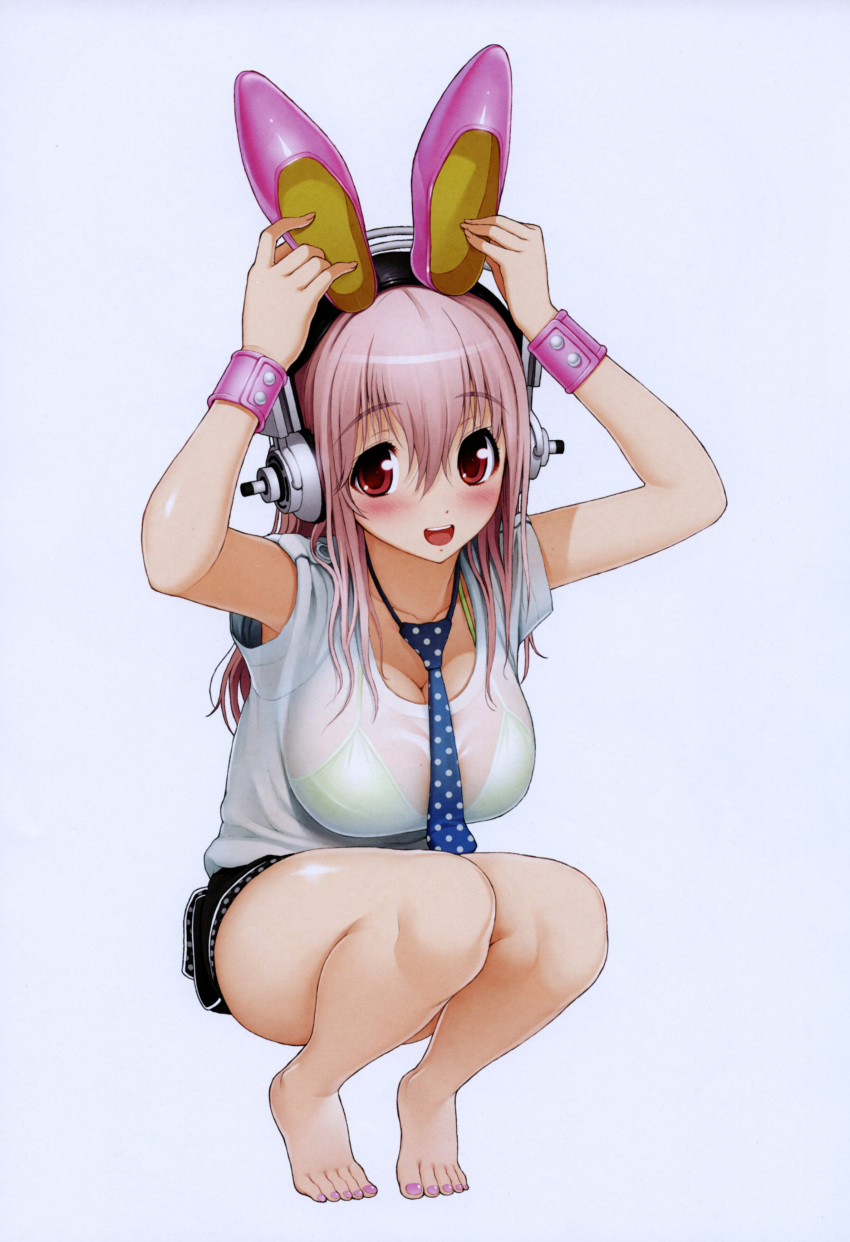 :d absurdres animal_ears arms_up barefoot breasts bunny_ears cleavage fake_animal_ears feet headphones highres large_breasts long_hair looking_at_viewer necktie nitroplus open_mouth pink_hair polka_dot red_eyes see-through shirt shoe_on_head short_shorts shorts smile solo sonico squatting super_sonico tiptoes toenail_polish toenails toes tsuji_santa white_shirt wristband