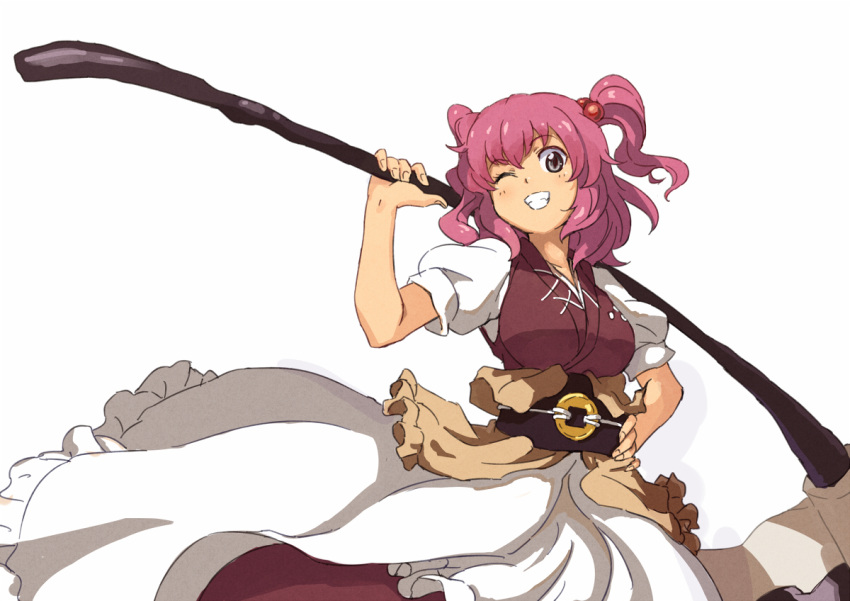 alternate_color blush colored grey_eyes grin hair_bobbles hair_ornament hand_on_hip hips obi onozuka_komachi over_shoulder pink_hair scythe shiba_murashouji short_hair smile solo touhou twintails wink yen